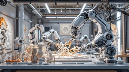 AI-Powered Robotic Arms Sculpting Designs in Futuristic Art Studio 