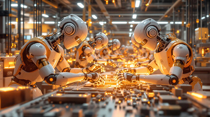 AI-Powered Robotic Assistants Assembling Futuristic Gadgets in High-Tech Factory 