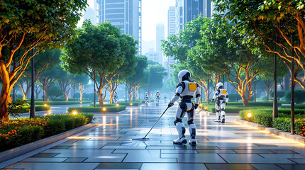 AI-Powered Robotic Janitors Cleaning Futuristic Urban Park 
