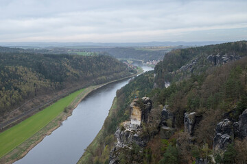 Saxon Switzerland National Park, Tiedge Aussicht viewpoint, next to the Elbe river during an overcast day
