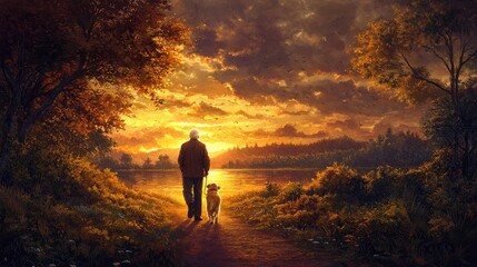 Fototapeta premium Elderly Man Walking Golden Retriever at Sunset
