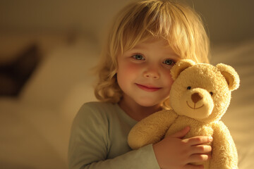Happy Child Hugging Beloved Teddy Bear, Joyful Childhood Moments, Sweet Innocence, Pure Happiness,  
