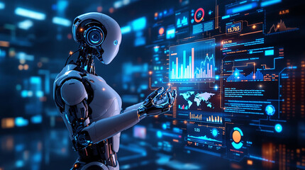 AI Robot Presenting Data Insights on Glowing Holographic Display 