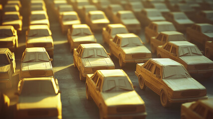 Fototapeta premium 駐車場を埋めるクラフト紙製の車模型が織り成す非日常的光景