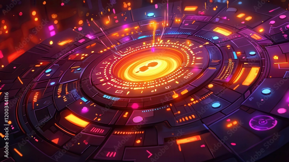 Poster a vibrant digital background with circular patterns and glowing elements in a futuristic design.