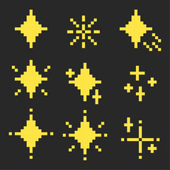 Pixel art yellow star and sparkle designs on dark gray background, Pixelated yellow sparkles in various designs, Pixelated yellow sparkles, Pixel art sparkles, yellow sparkles for retro games, 8-bit.