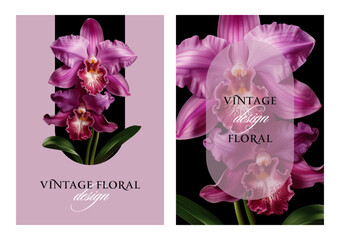 Vintage vector illustration with orchid flowers on a changeable background. Floral design template for wedding invitation, greeting card, notebook cover, flyer or certificate. © Anna