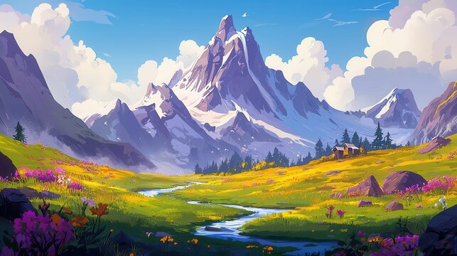 A vibrant landscape showcasing majestic mountains with a river and flowers, set in a serene natural environment.