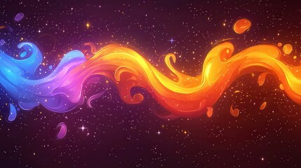 Fototapeta premium Colorful flowing waves in a cosmic background with vibrant hues of blue, purple, and orange.