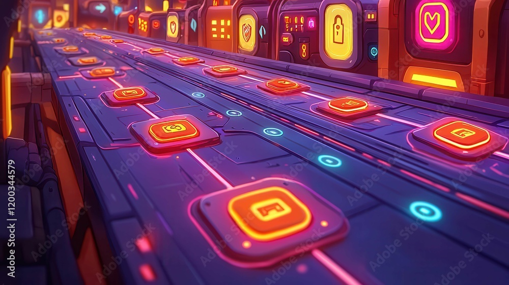 Poster a colorful digital interface with illuminated buttons and icons in a futuristic setting.
