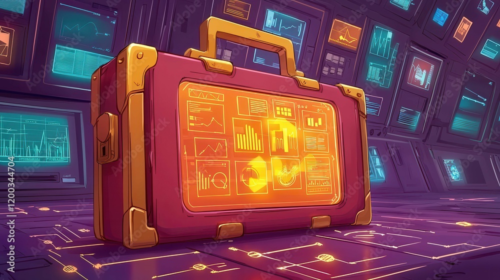 Wall mural a cartoon-style briefcase with data visualizations glowing inside, set in a high-tech environment.