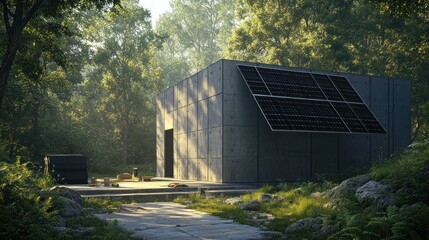 Modern minimalist concrete house with solar panels in a lush forest.