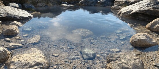 Clear water pool surrounded by rocks reflecting the sky.