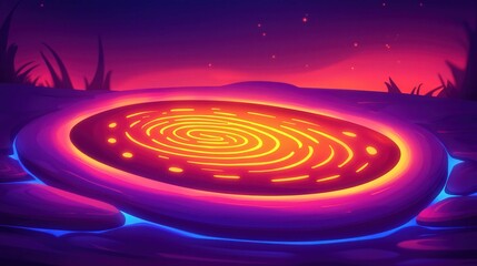 Obraz premium A vibrant, glowing circular pattern set against a vivid sunset background, showcasing intricate design in a surreal landscape.