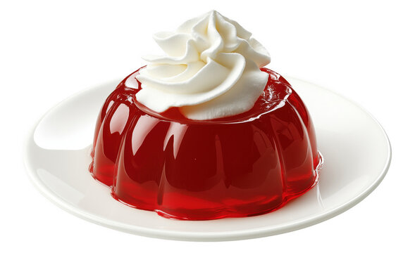 Red berry jello round mold with white whipped cream on top, on a white plate, transparent background.
