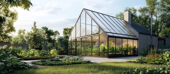 Obraz premium Modern house with a large glass greenhouse extension surrounded by a lush garden.