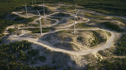 Naklejka premium Aerial view of wind turbines on a hilly, sandy landscape with winding roads.