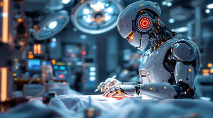 AI-Powered Medical Robot Performing Surgery in High-Tech Operating Room 