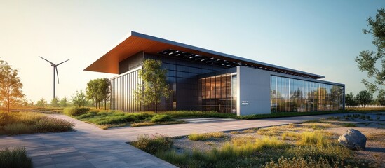 Obraz premium Modern sustainable office building with large windows, wind turbine, and landscaping.