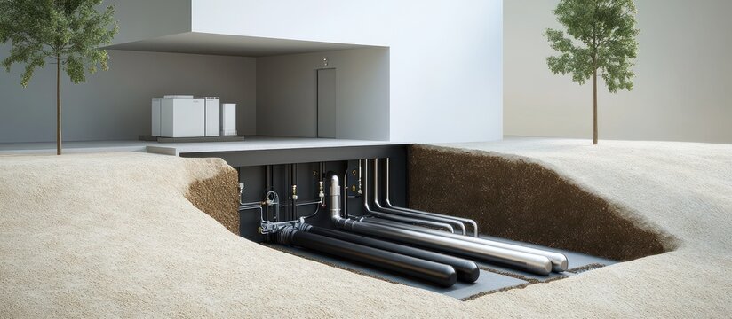 Underground pipeline system beneath a building, shown in cutaway view with trees and soil.