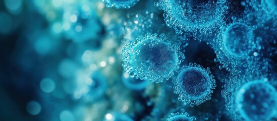 Microscopic view of virus cells, abstract blue background.