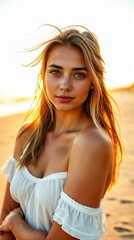Naklejka premium Close-Up Portrait of a Woman with Natural Makeup and Windswept Hair by the Sea. Generative AI