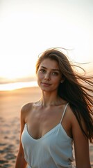 Naklejka premium Close-Up Portrait of a Woman with Natural Makeup and Windswept Hair by the Sea. Generative AI