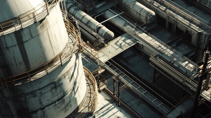 Naklejka premium High-angle view of industrial plant with large tanks, pipes, and walkways.