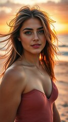 Naklejka premium Woman with Piercing Eyes and Soft Waves Framing Her Face at the Seaside. Generative AI