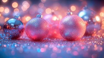 Glittering Pink Christmas Baubles with Warm Holiday Bokeh Lights
