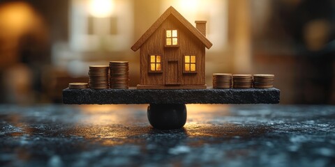 Miniature House Balancing with Coin Stacks in Nature Setting
