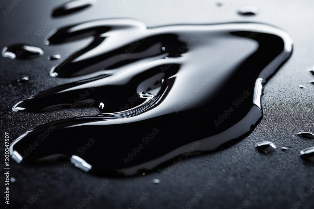 Poster shiny black oil puddle reflecting light on a smooth dark surface after a recent spill during a busy 