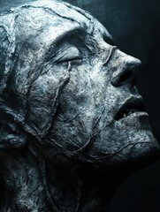 Stone-like face with intricate vein details exudes a chilling aura. Perfect for dark fantasy, horror, or surreal art projects.