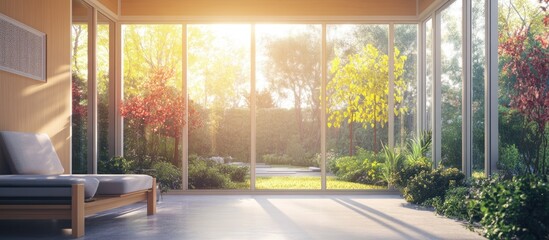 Sunlit modern room with large windows overlooking a lush garden.