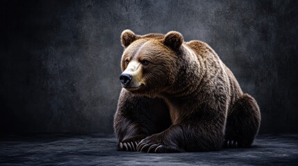 Obraz premium Majestic brown bear sitting against a dark gray background.