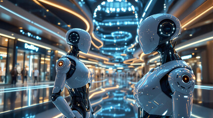 Humanoid AI Robots Serving as Security Guards in Futuristic Shopping Mall 