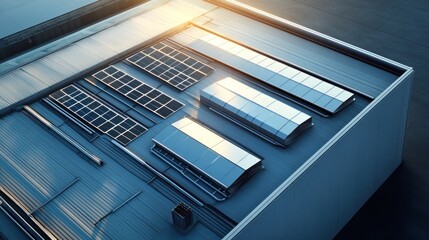 Obraz premium Aerial view of a factory rooftop with solar panels and ventilation systems.