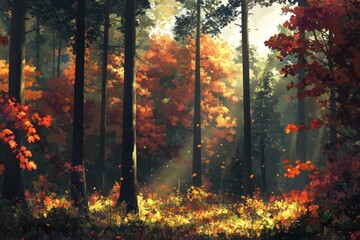 Fototapeta premium Beautiful autumn forest with tall trees and sunlight rays filtering through the foliage Landscape of the forest in the fall season Generative AI