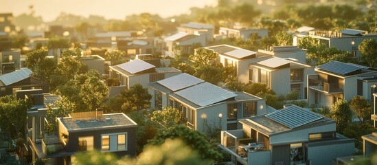 Eco-friendly suburban neighborhood with solar panels on rooftops at sunset.