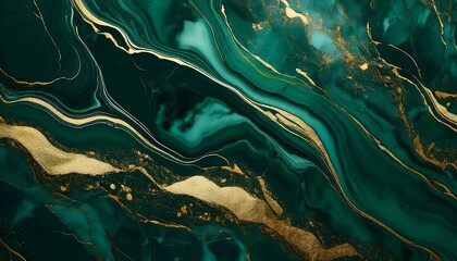 Abstract deep dark-green marble texture with gold splashes, emerald luxury background