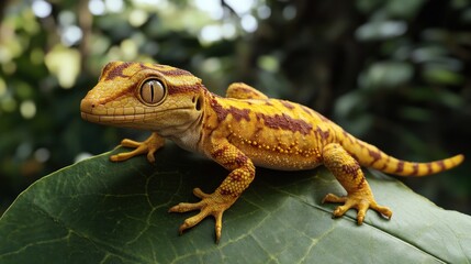 Fototapeta premium Yellow gecko lizard perched on a large green leaf in a lush forest.