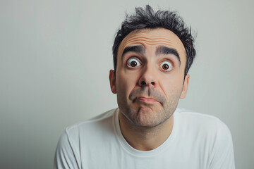 Obraz premium Skeptical Man, Raised Eyebrows, Questioning Gaze, Portrait, Doubt, Surprise, Intrigued, Curious, 