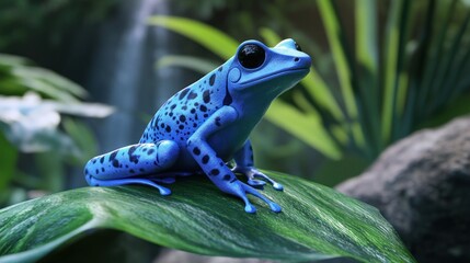 Vibrant blue poison dart frog perched on a large green leaf in a lush rainforest setting.