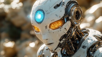 Fototapeta premium Futuristic Robot with Illuminated Eyes in a Sci-Fi Laboratory Setting