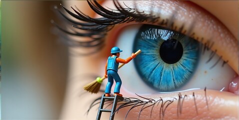 Tiny cleaner on ladder scrubs blue eye with broom and mop. Promotes eye hygiene, protecting against dirt, makeup, and environmental risks