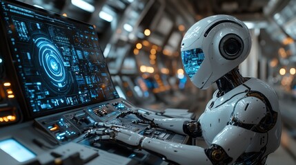 Fototapeta premium Futuristic Robot with Illuminated Eyes in a Sci-Fi Laboratory Setting