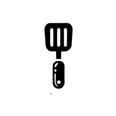 Kitchen Spatula Icon: A simple, yet effective black and white vector illustration of a kitchen spatula, ideal for culinary websites, apps, or recipe books.