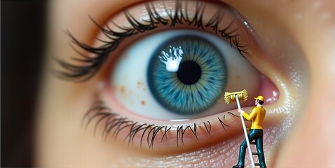 Tiny cleaner on ladder scrubs blue eye with broom and mop. Promotes eye hygiene, protecting against dirt, makeup, and environmental risks