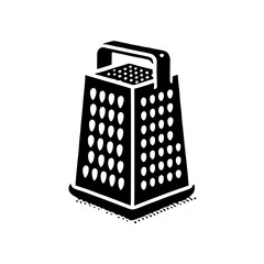 Box Grater Icon: A bold, black and white illustration of a classic box grater, perfect for culinary-themed designs or kitchen-related projects.