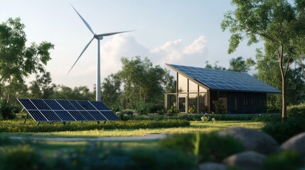 Sustainable modern home powered by wind and solar energy in a tranquil forest setting.